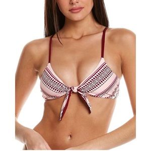 NWT (M) LEMLEM Neela tie front bikini top pale pink and wine burgundy low cut